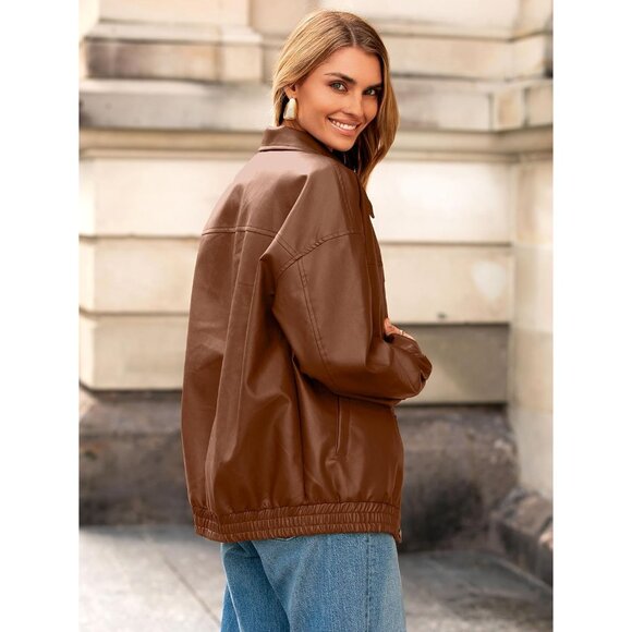 Womens Oversized Faux Leather Caramel Jacket Button Down Moto Bomber Winter Coat - Picture 4 of 6